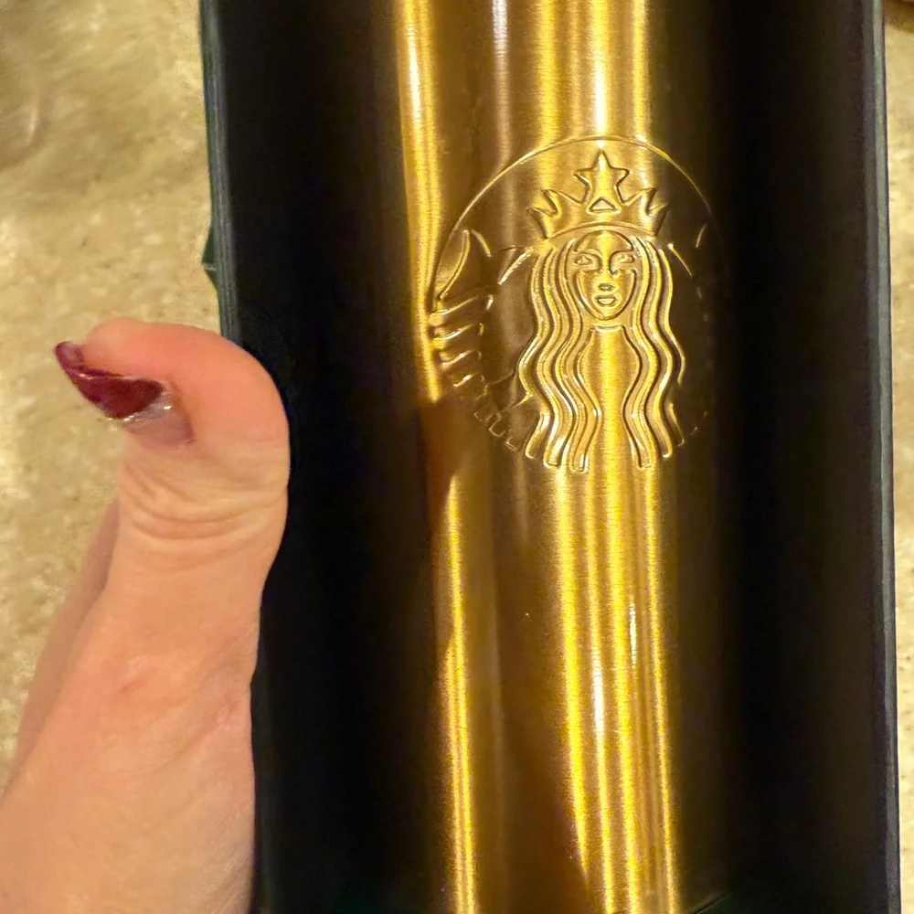 Starbucks Gold Travel Mug Gift set Caffè Verona Metal  Gold Cup Clear Lid NEW